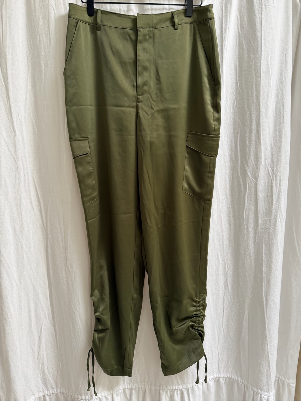 Nicole Miller Olive Green Satin Cargo Jogger Pants